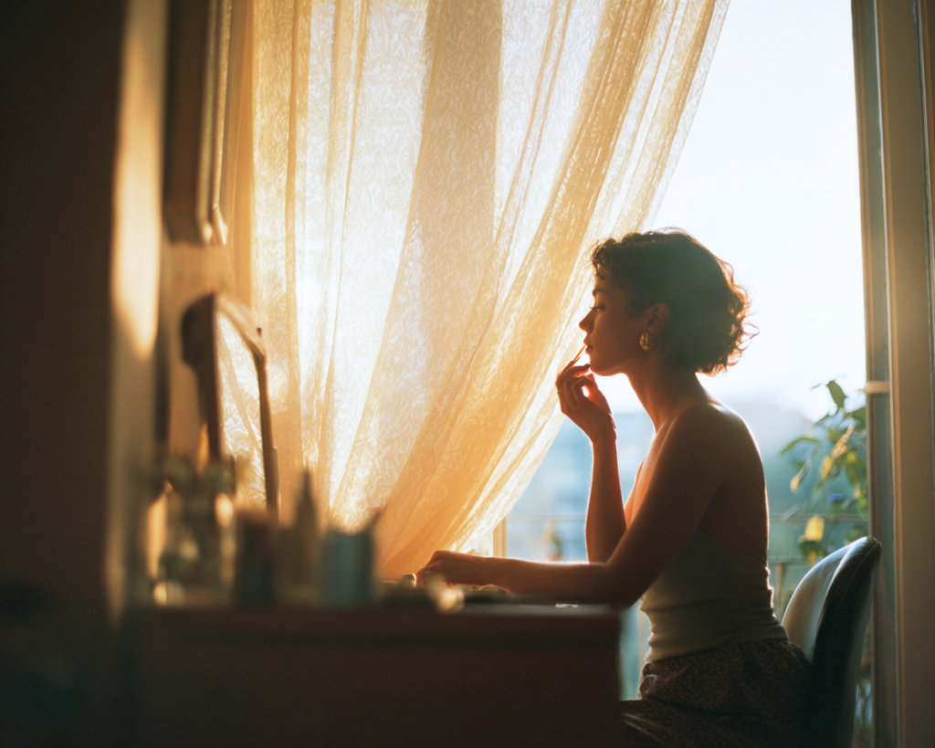 Woman applying lipstick by sunlit window