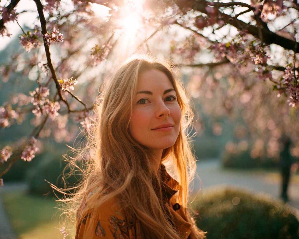 Woman under blooming cherry blossoms at sunset