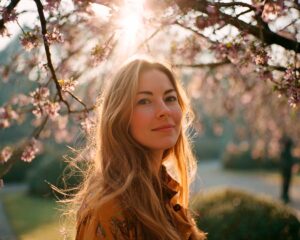 Woman under blooming cherry blossoms at sunset