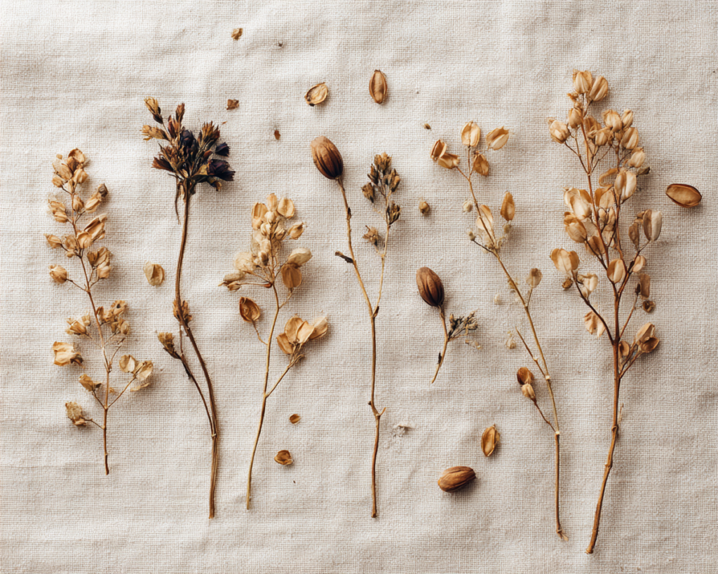 Dried flowers and seed pods on linen fabric