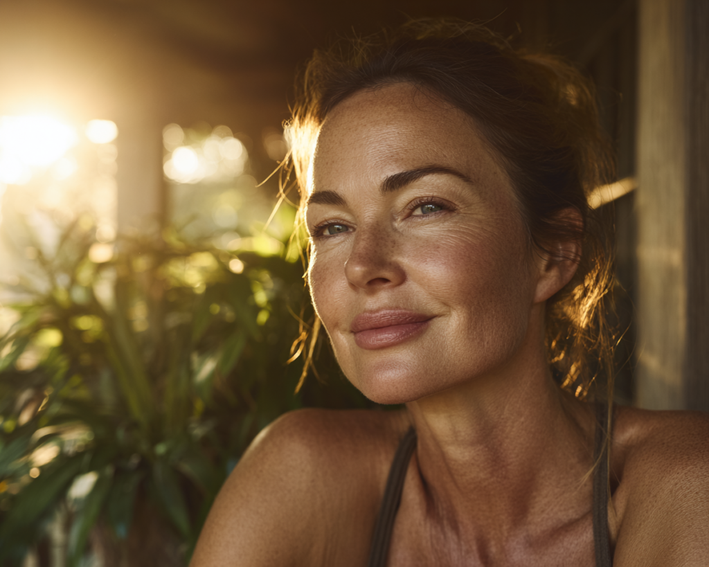 Woman smiling in warm sunset light outdoors