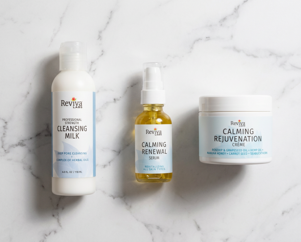 Reviva Labs skincare products on marble surface