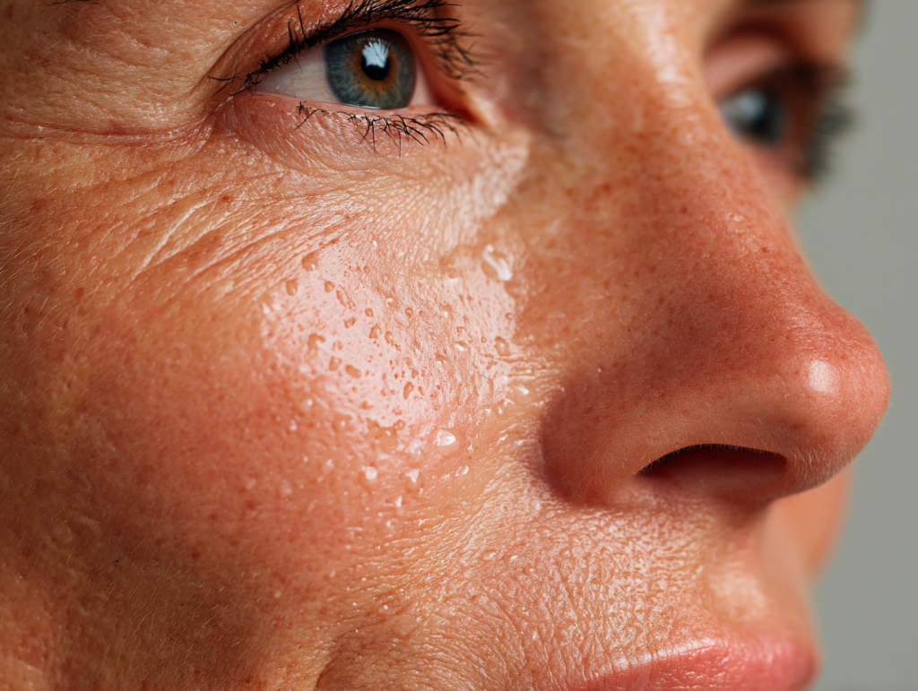 Close-up of mature woman's skin with freckles.