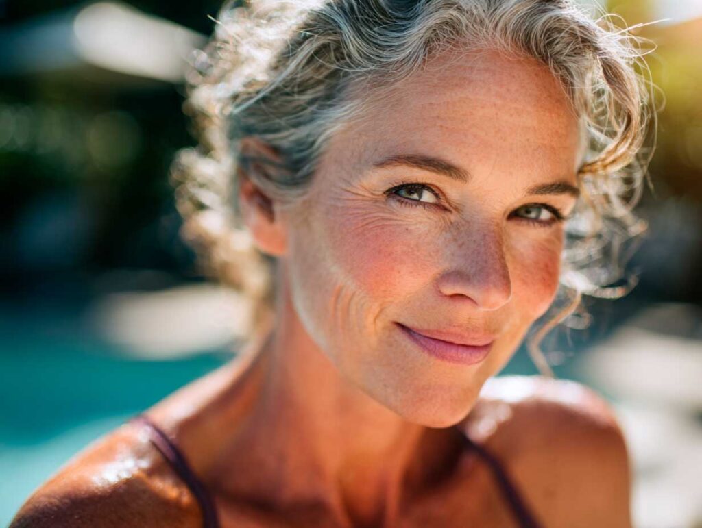 Smiling woman with gray hair outdoors