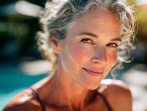 Smiling woman with gray hair outdoors