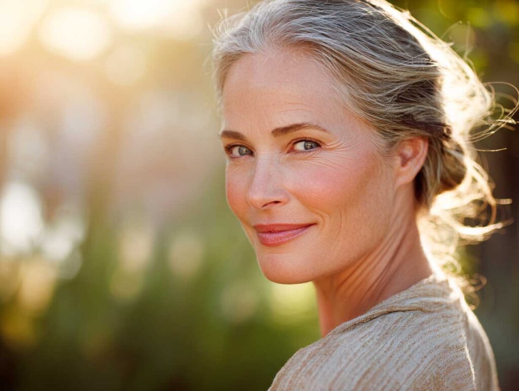 Smiling woman with gray hair outdoors