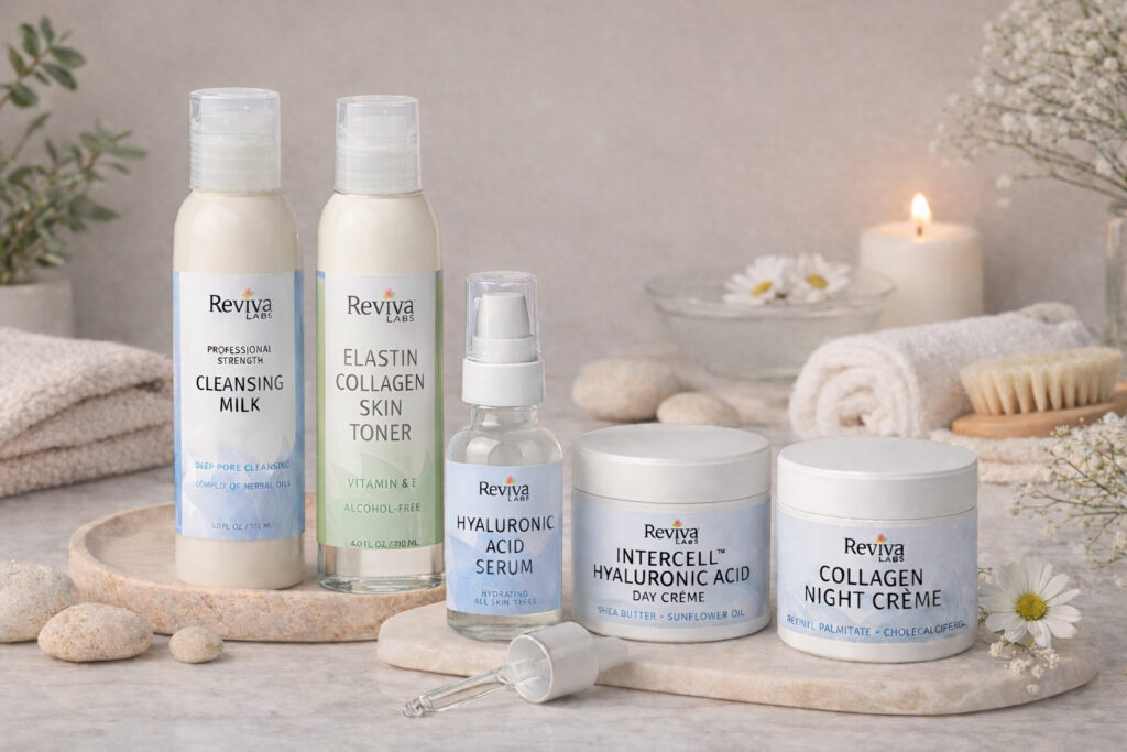 Reviva skincare products on spa setting