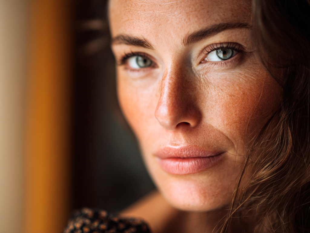 Close-up of woman's face with intense eyes