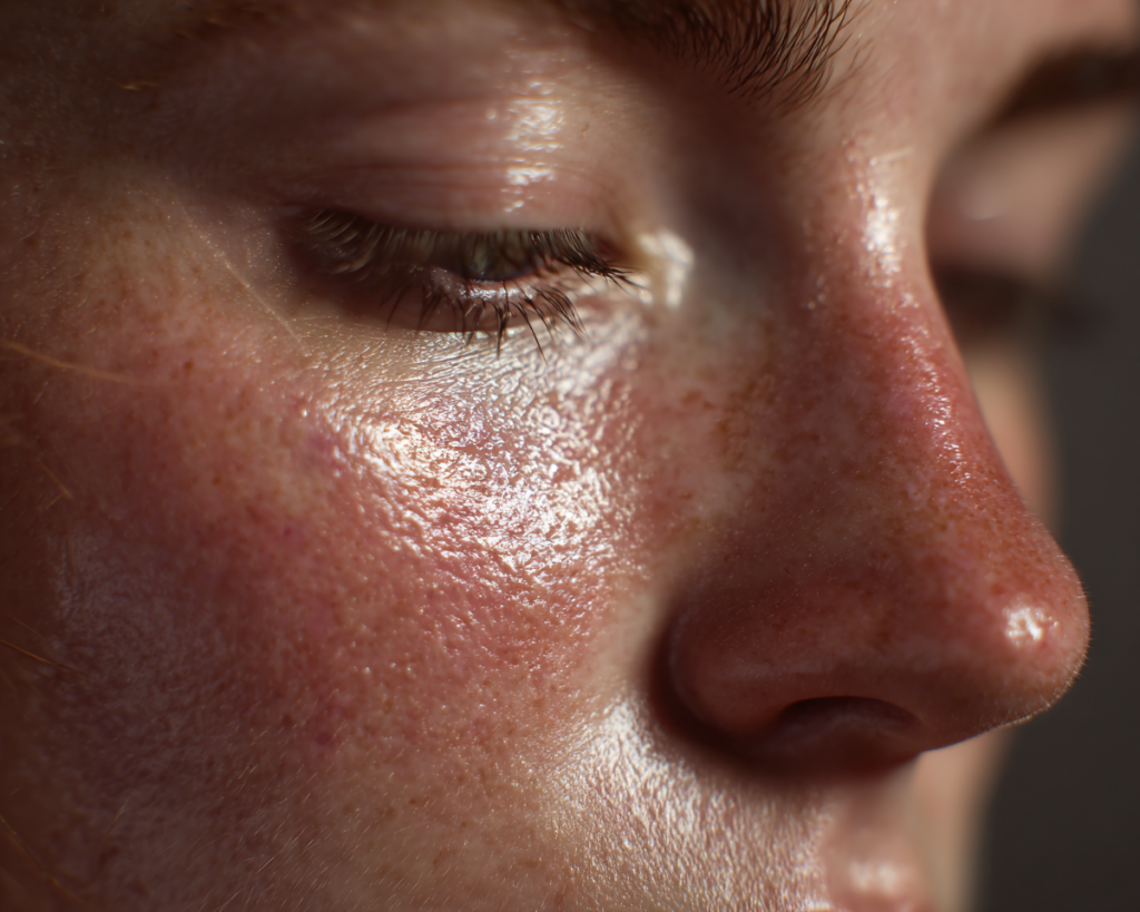 Close-up of shiny facial skin and pores