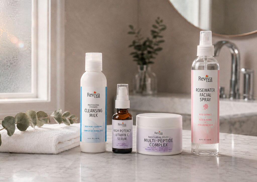 Skincare products on bathroom counter near sink