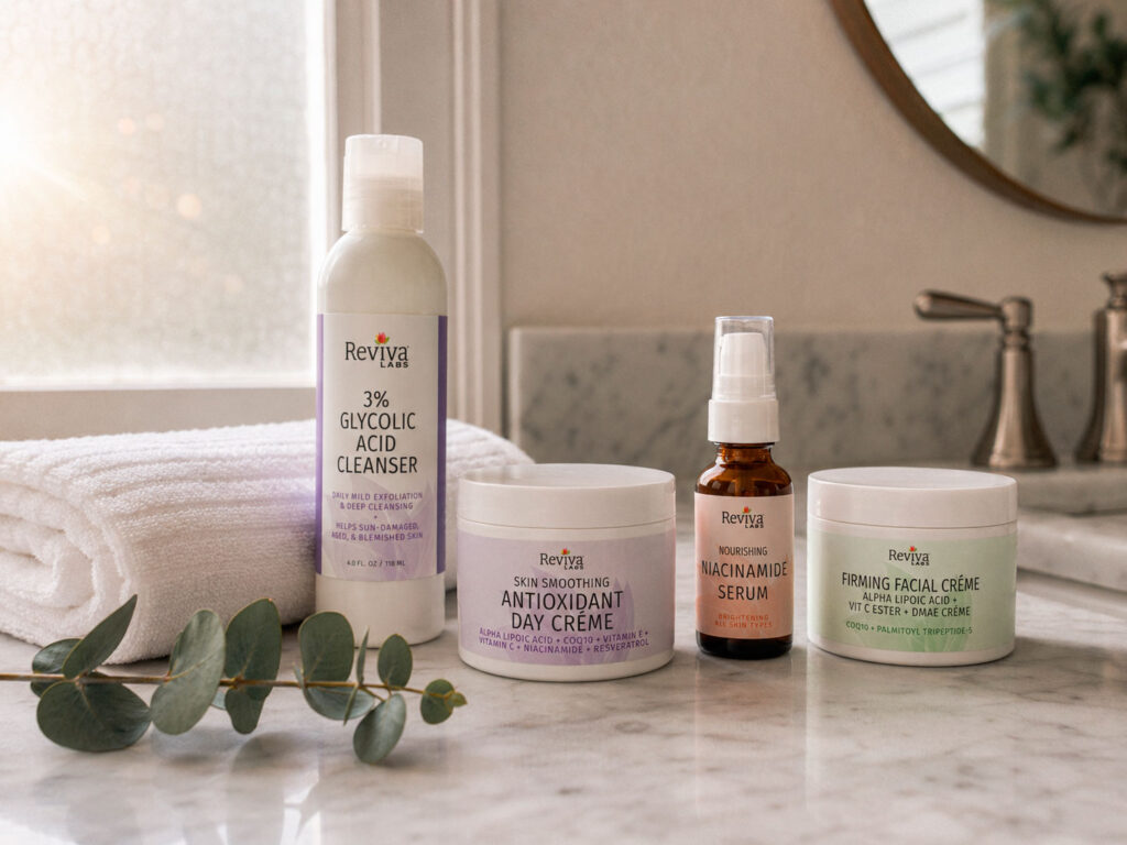 Skincare products on bathroom counter with towel