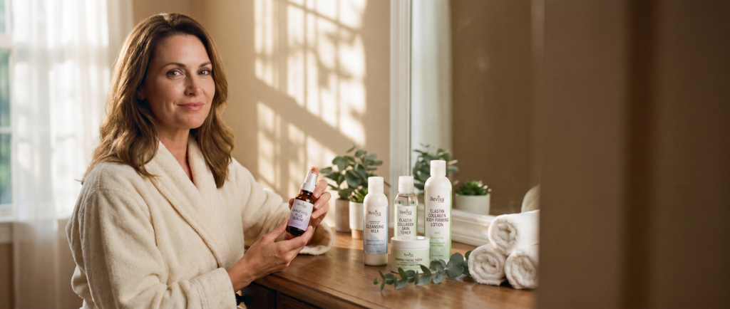 Woman holding skincare serum in sunlit bathroom