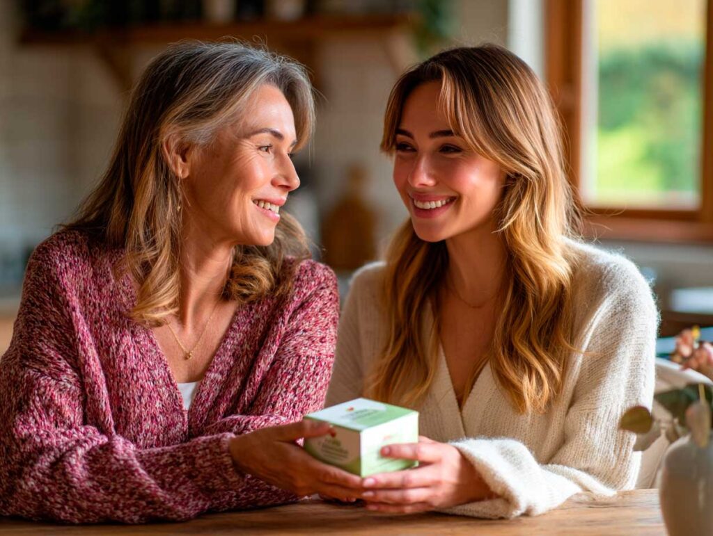 Two women smiling and exchanging a small gift