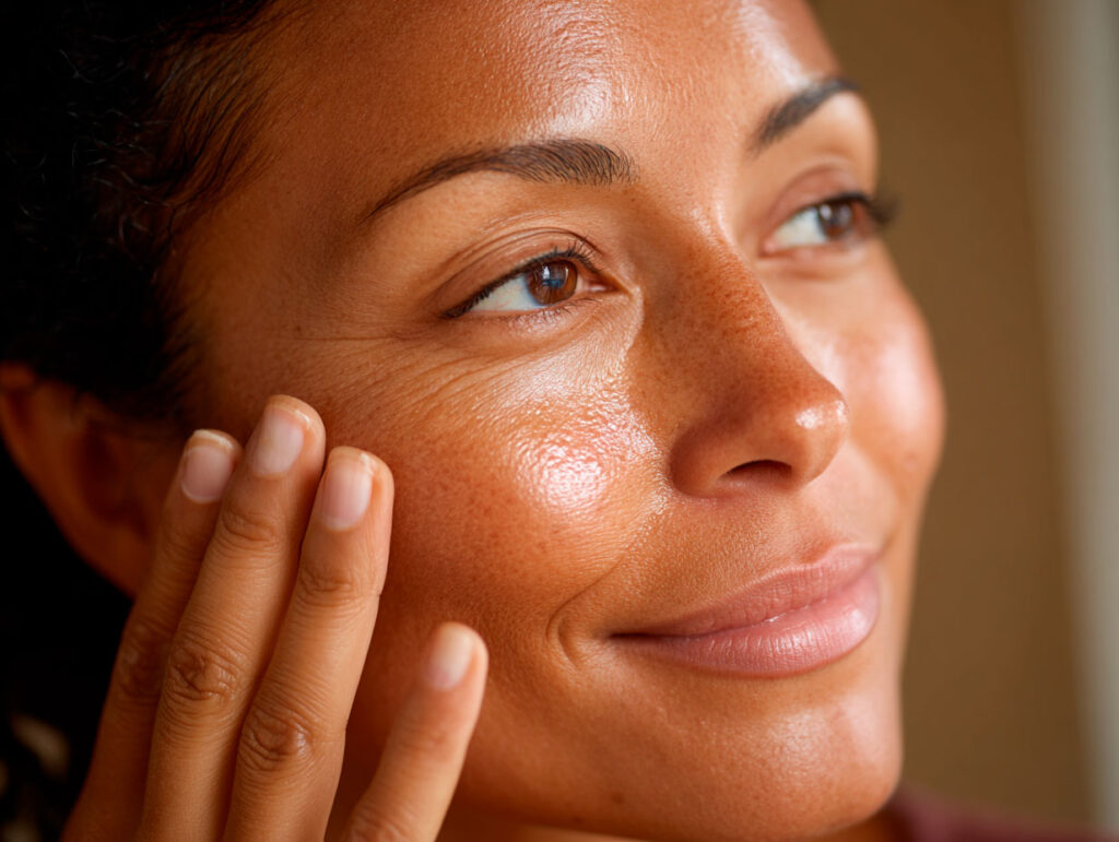 Close-up of woman touching her glowing cheek