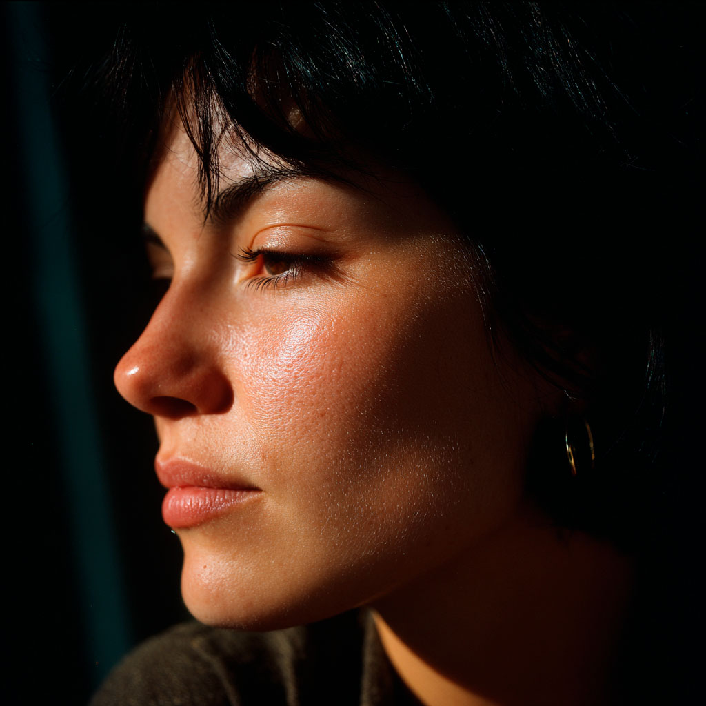 Close-up profile of woman in warm sunlight