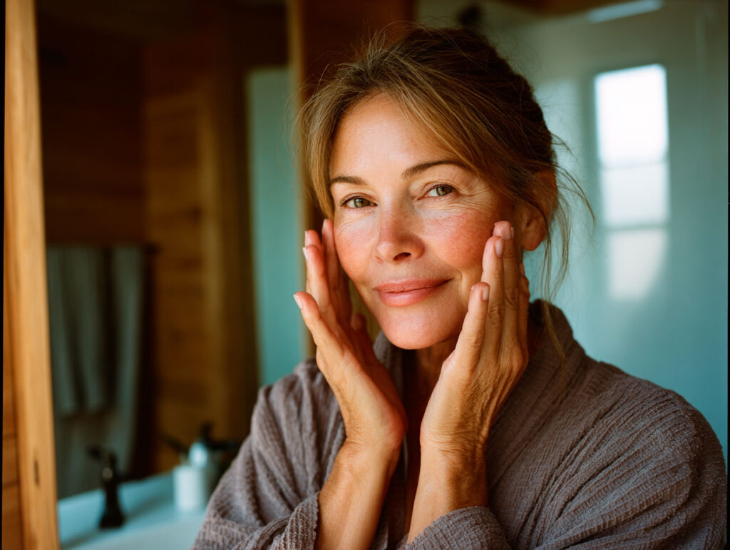 Woman gently touching face in bathroom mirror light