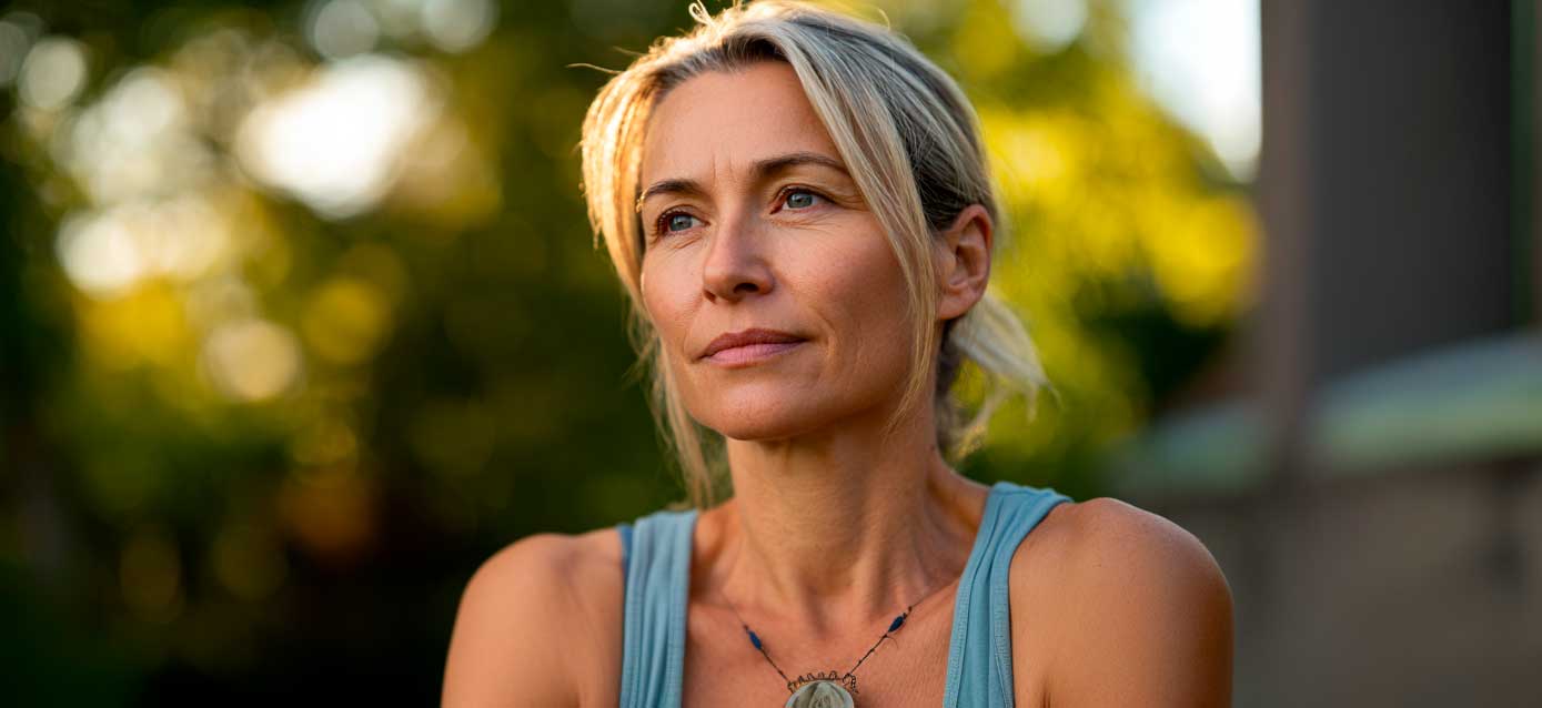 Woman gazing thoughtfully outdoors at sunset