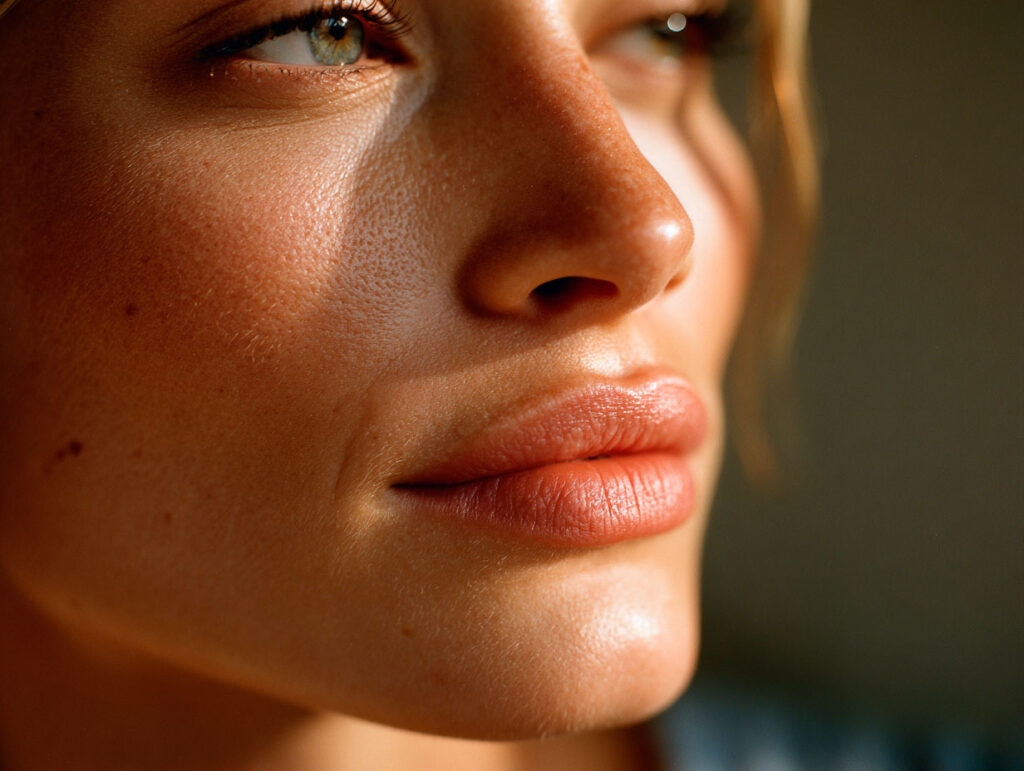 Close-up of woman's lips and nose in sunlight