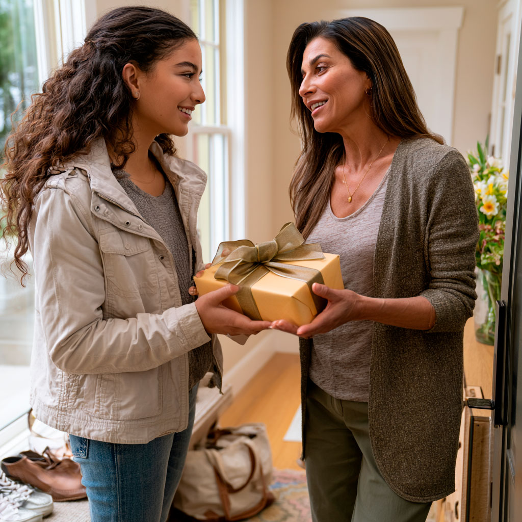 Woman giving gift box to smiling teenage girl