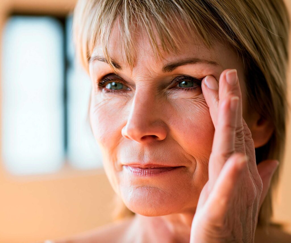 Woman examining wrinkles near her eye in mirror
