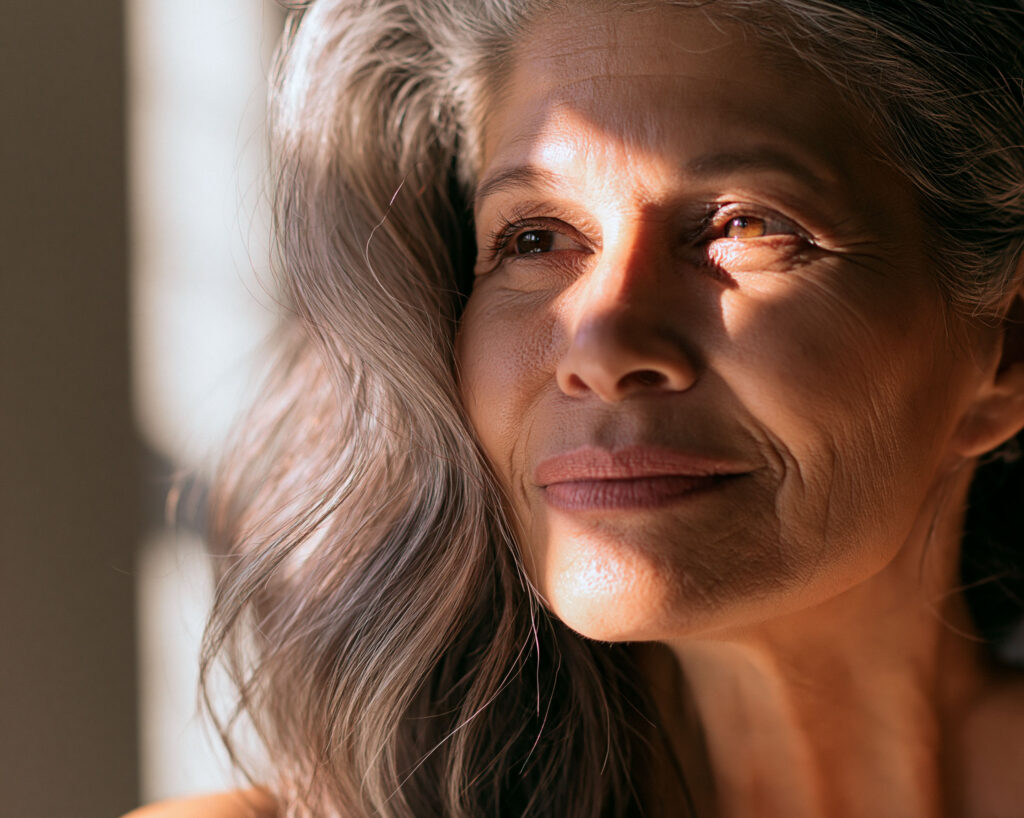 Close-up of mature woman in warm sunlight