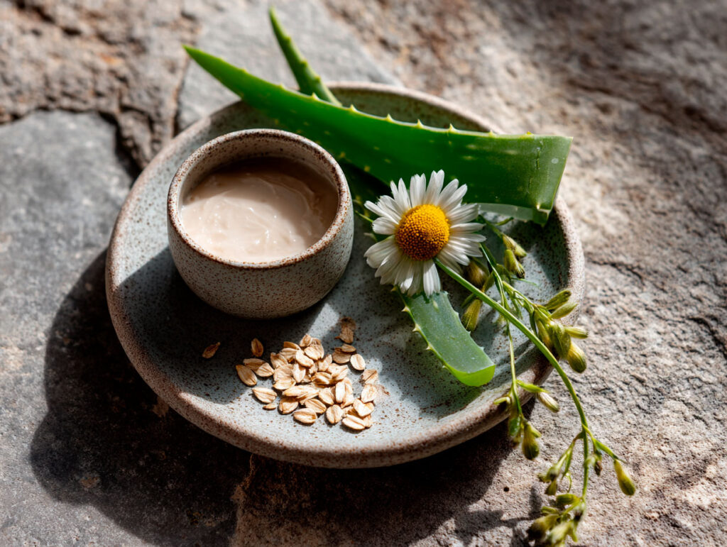 Natural skincare ingredients with aloe, chamomile, and oats