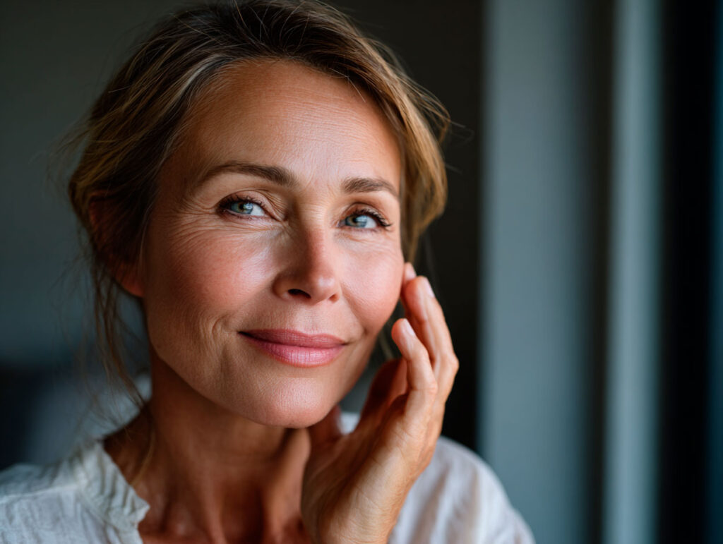 Close-up portrait of woman touching her face softly