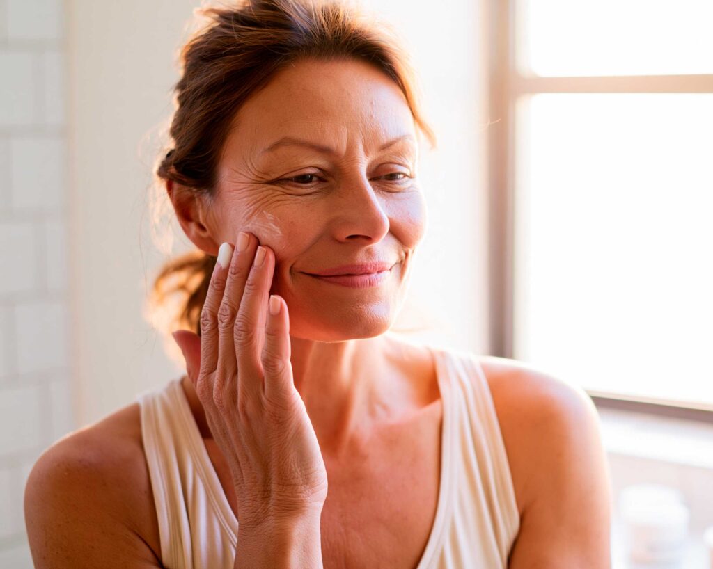 Woman applying face cream by sunlit window