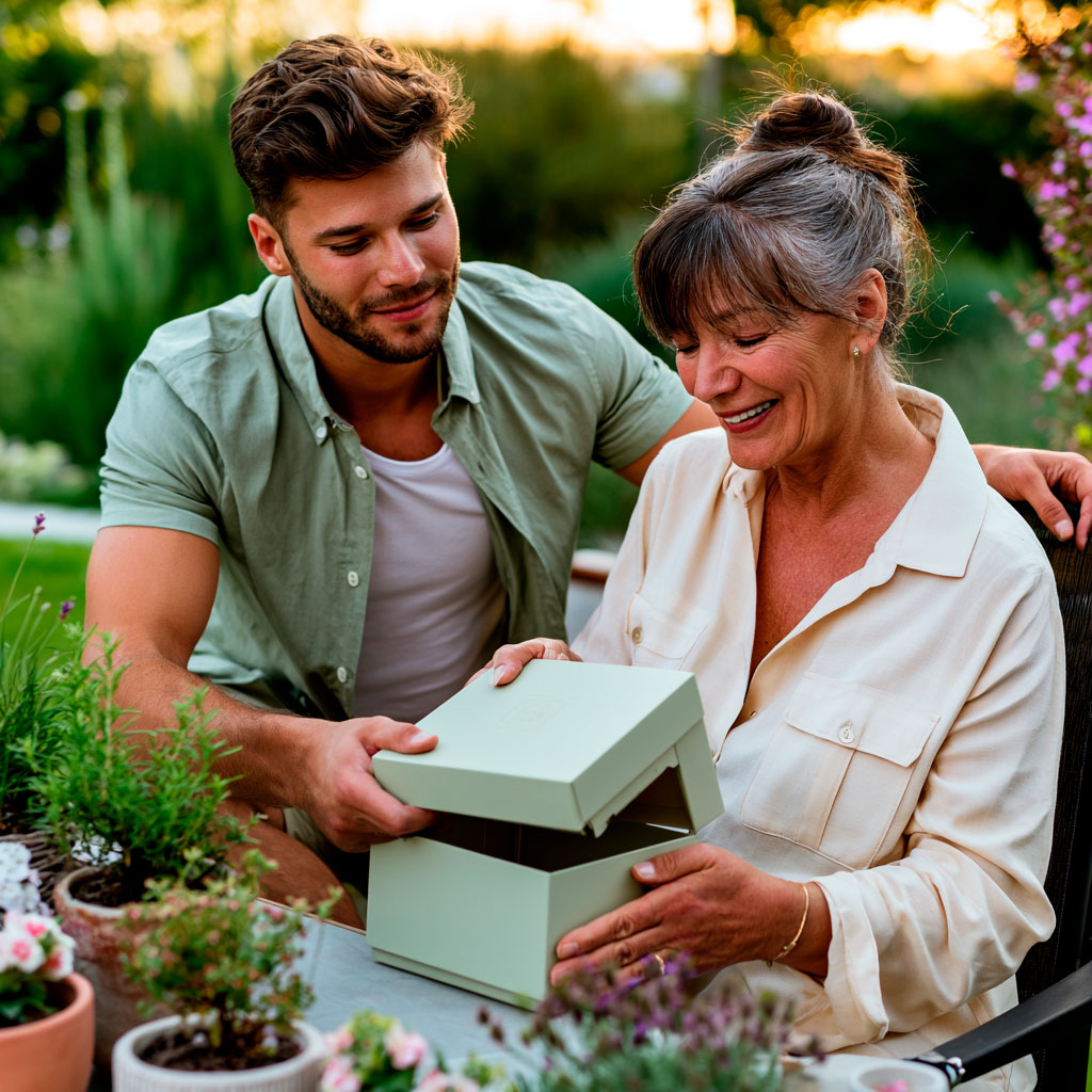 Young man giving gift to smiling older woman outdoors