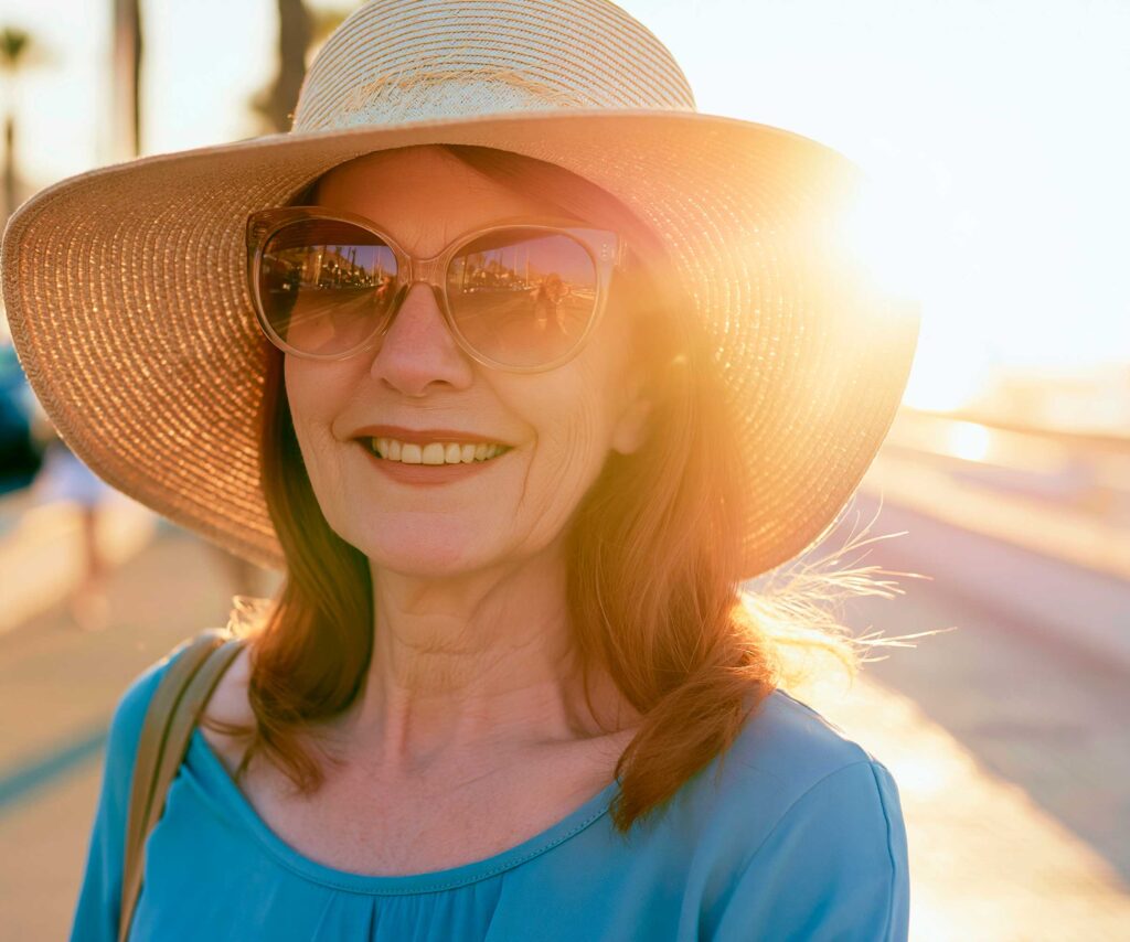 Smiling woman in sunhat and sunglasses at sunset
