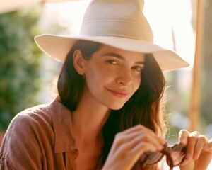 Woman in sun hat holding sunglasses outdoors