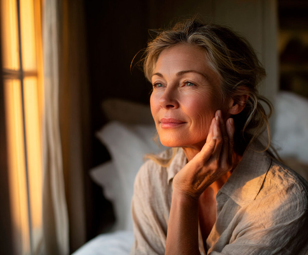 Woman touching face in warm window light