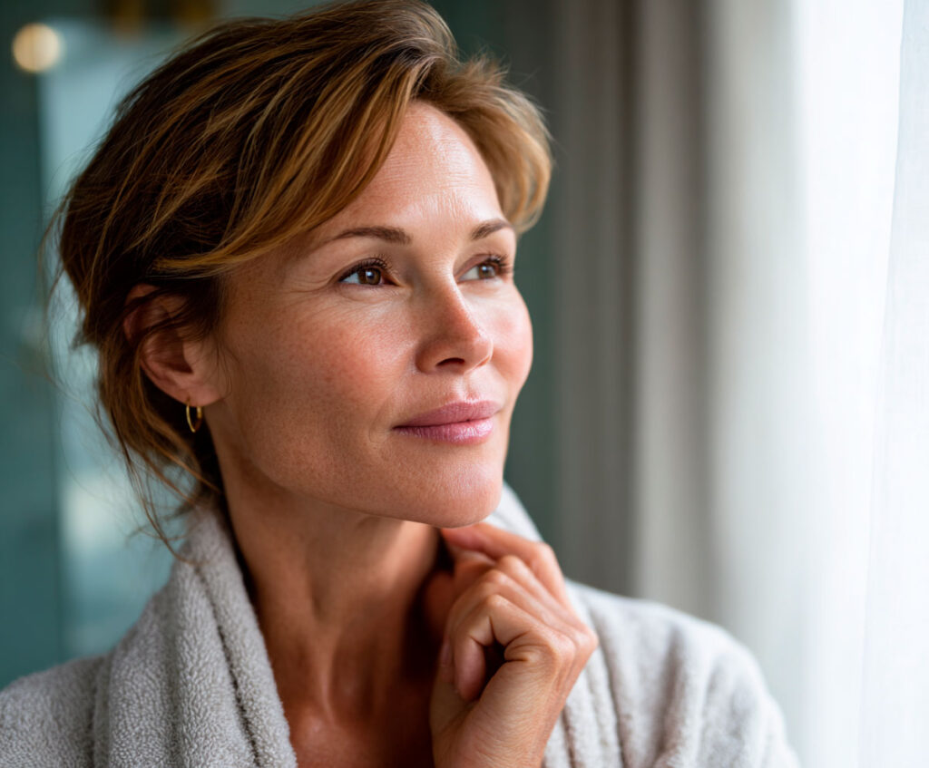 Woman gazing thoughtfully by window in soft light