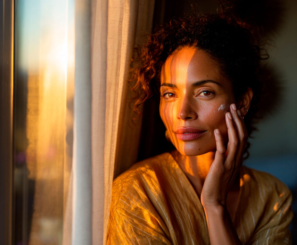Woman applying face cream in golden sunset light