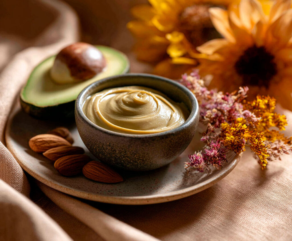 Bowl of creamy avocado spread with almonds