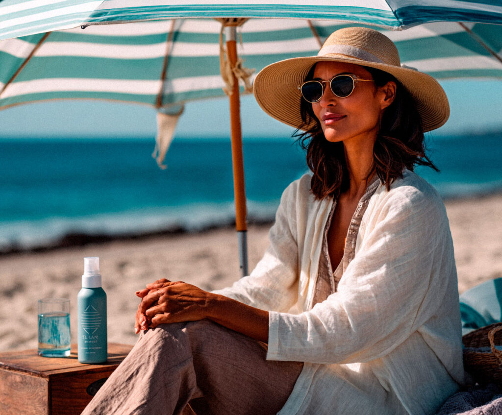 Woman relaxing under beach umbrella by ocean