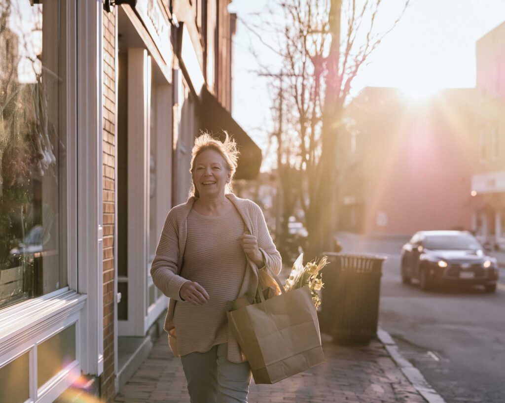 Smiling woman carrying groceries at sunset