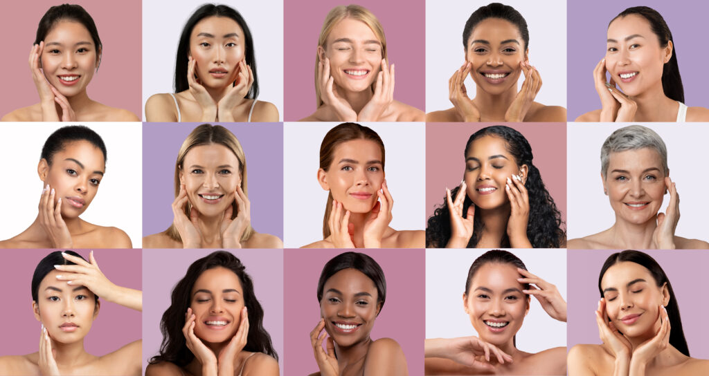 Diverse women touching faces in skincare collage