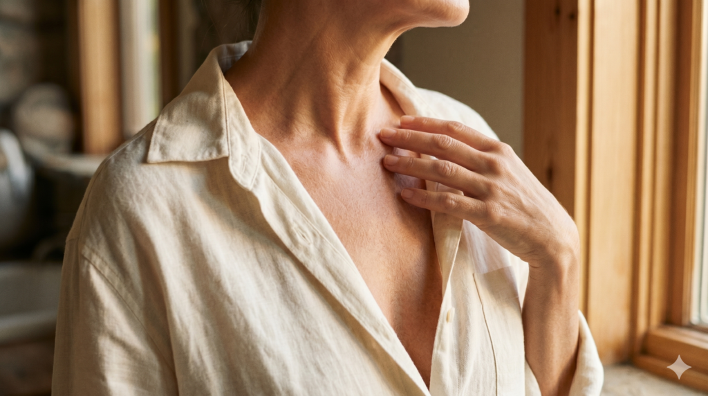Woman touching neck and collarbone in soft light