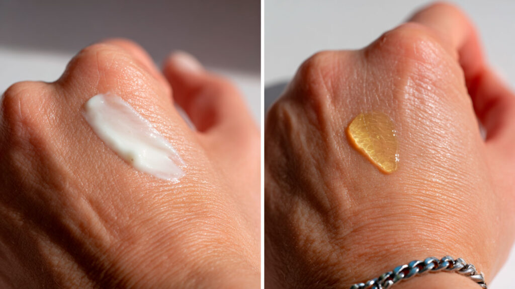 Skincare cream and serum on back of hand