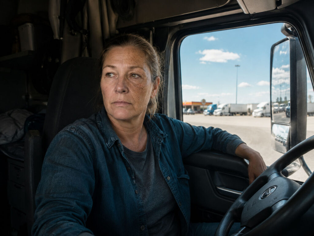 Woman truck driver sitting in cab at truck stop