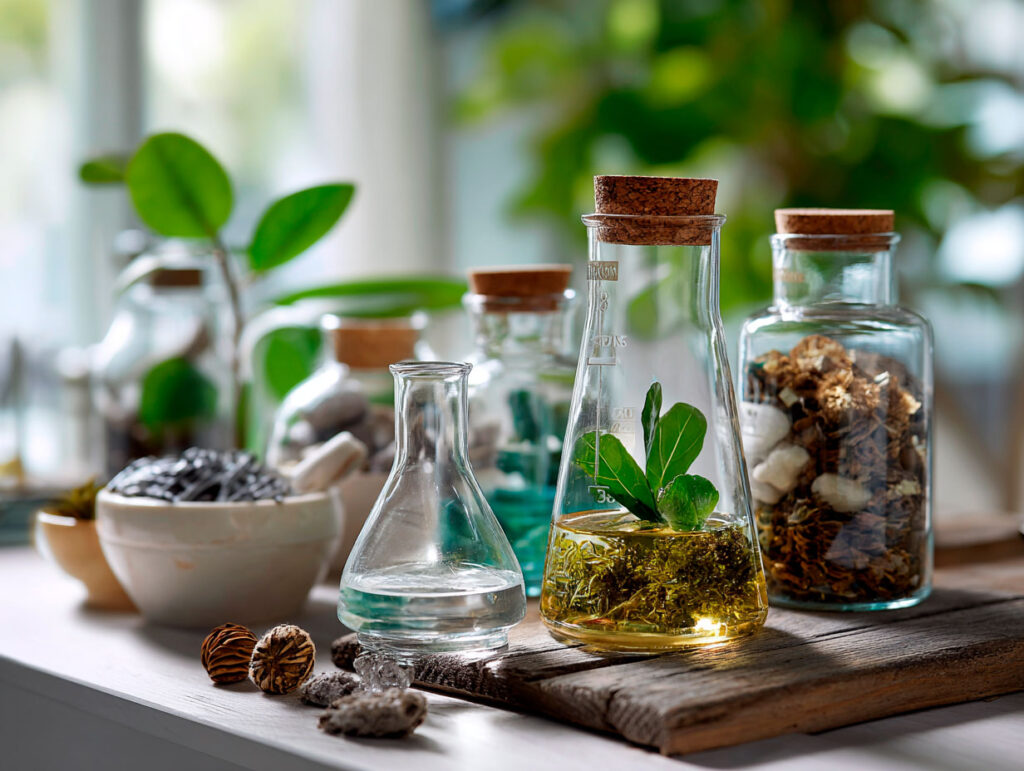 Glass bottles with herbal oil and dried plants