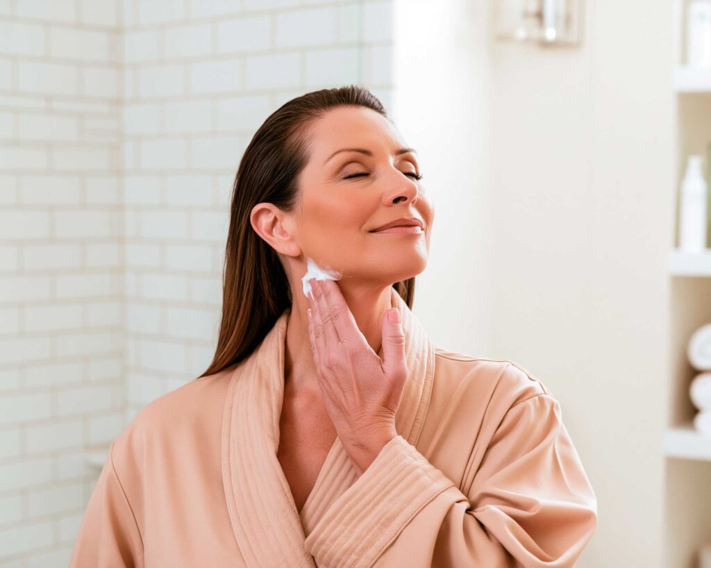 Woman applying skincare cream to her neck