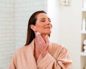 Woman applying skincare cream to her neck