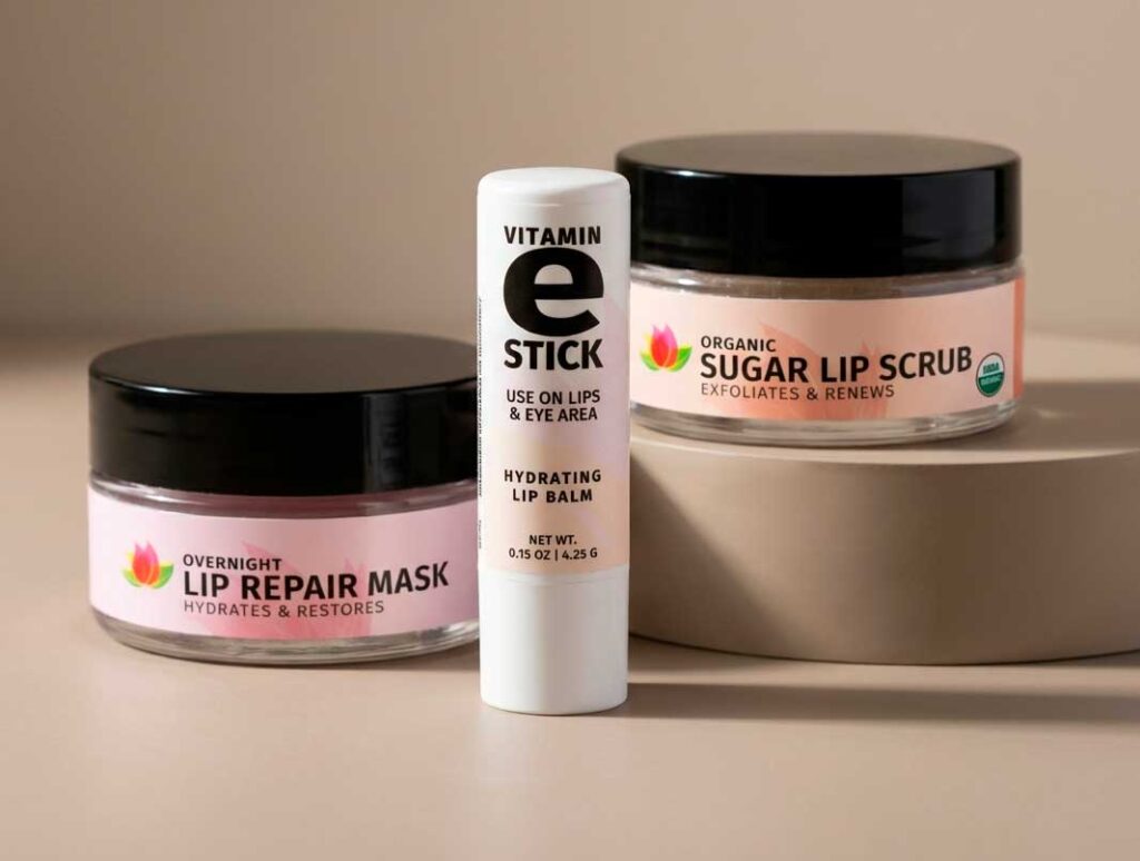 Vitamin E lip balm, scrub, and repair mask