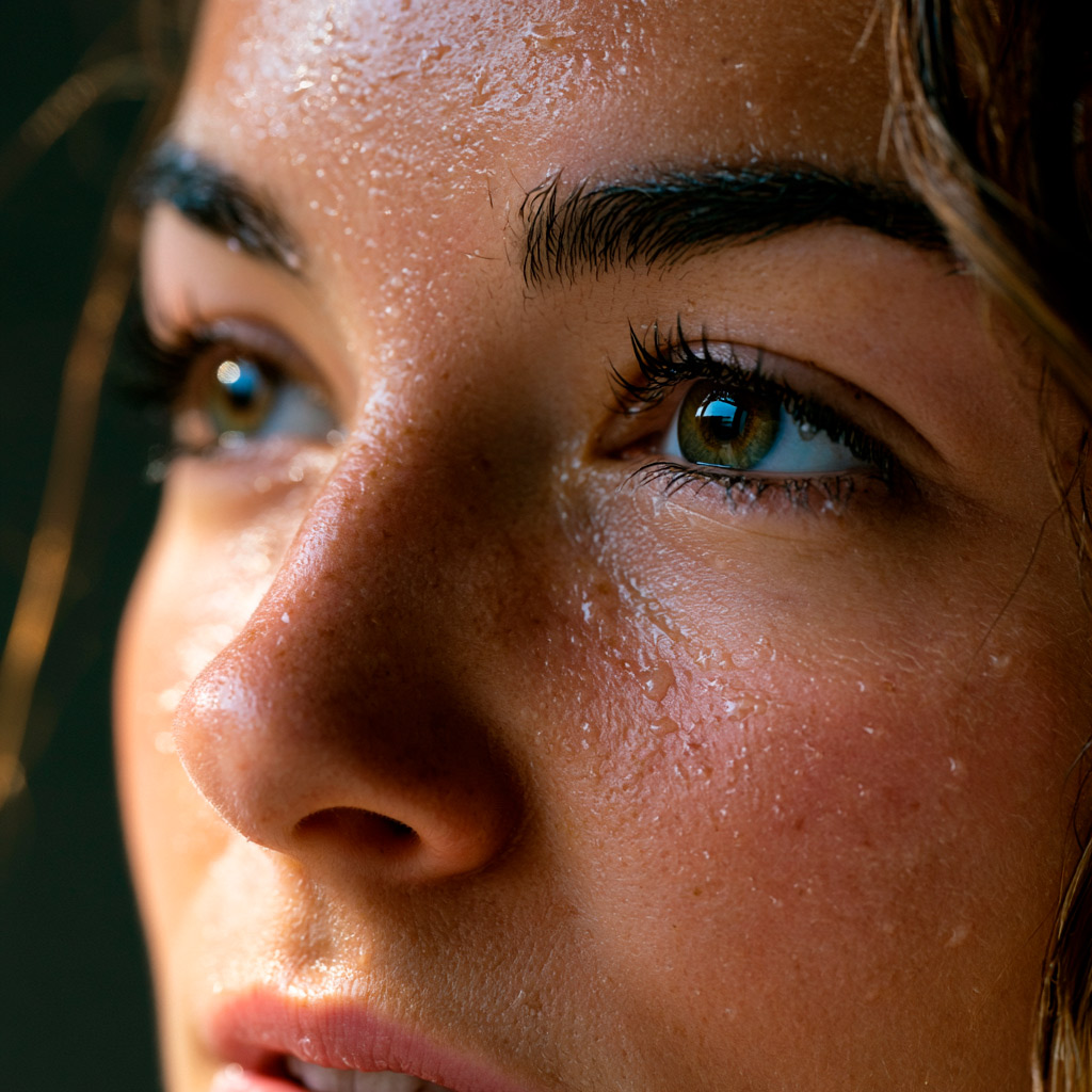 Close-up of woman’s face with sweat droplets
