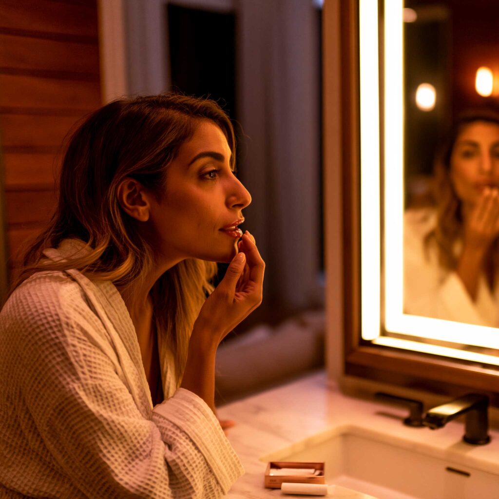 Woman applying lipstick at illuminated vanity mirror