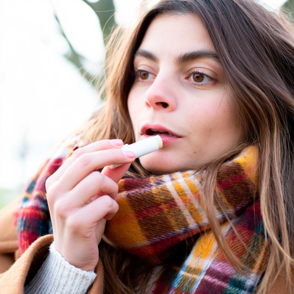 Woman applying lip balm outdoors in cold weather