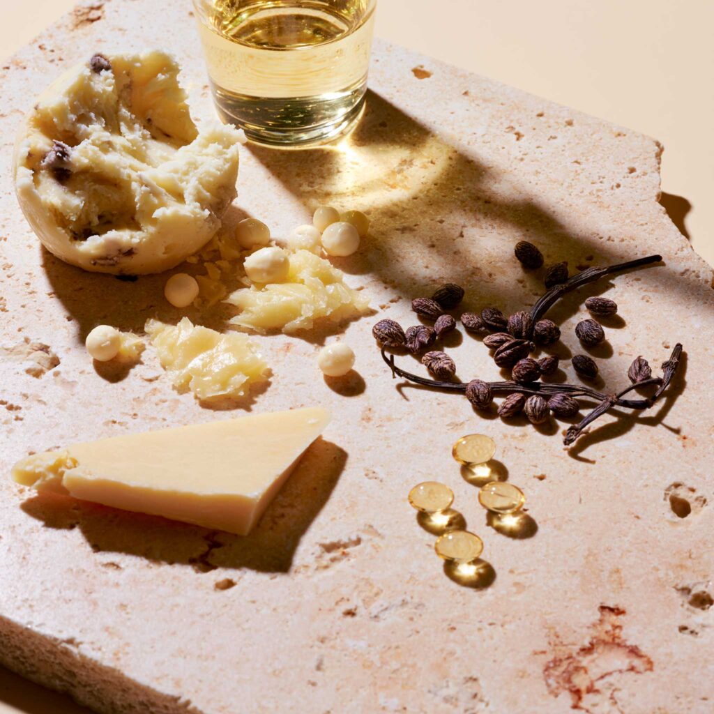 Natural skincare ingredients on stone surface