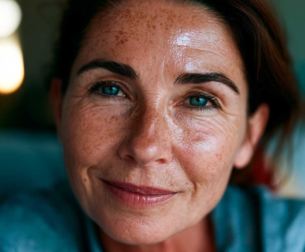 Close-up portrait of freckled woman with green eyes
